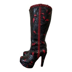 Size 6.5 Vintage tall black and red two tone women genuine leather platform boot